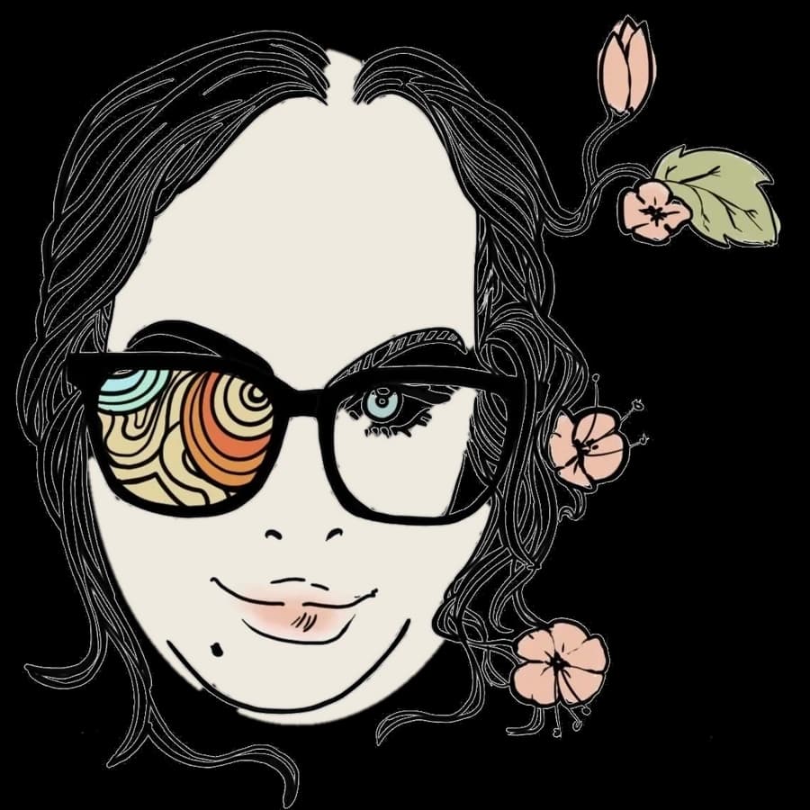 Line drawing of Cristina Vann in black glasses, one lens filled with a 70s swirl, flowers in her hair